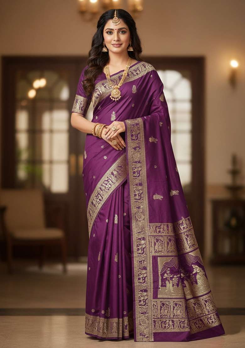 Wine Embroidery Banarasi Soft Silk Blend Saree With Blouse - Indya