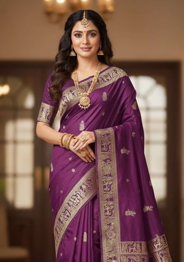 Wine Embroidery Banarasi Soft Silk Blend Saree With Blouse - Indya
