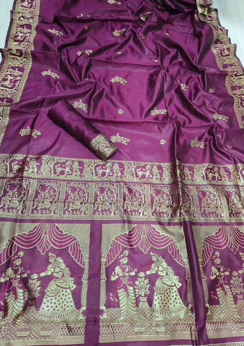 Wine Embroidery Banarasi Soft Silk Blend Saree With Blouse - Indya