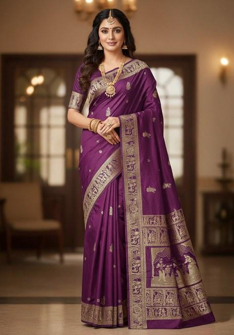 Wine Embroidery Banarasi Soft Silk Saree With Blouse