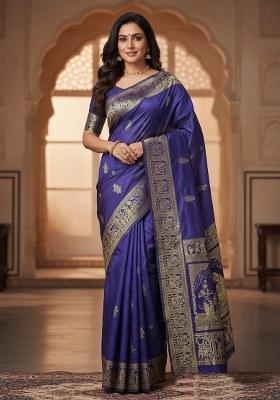 Blue Embroidery Banarasi Soft Silk Saree With Blouse