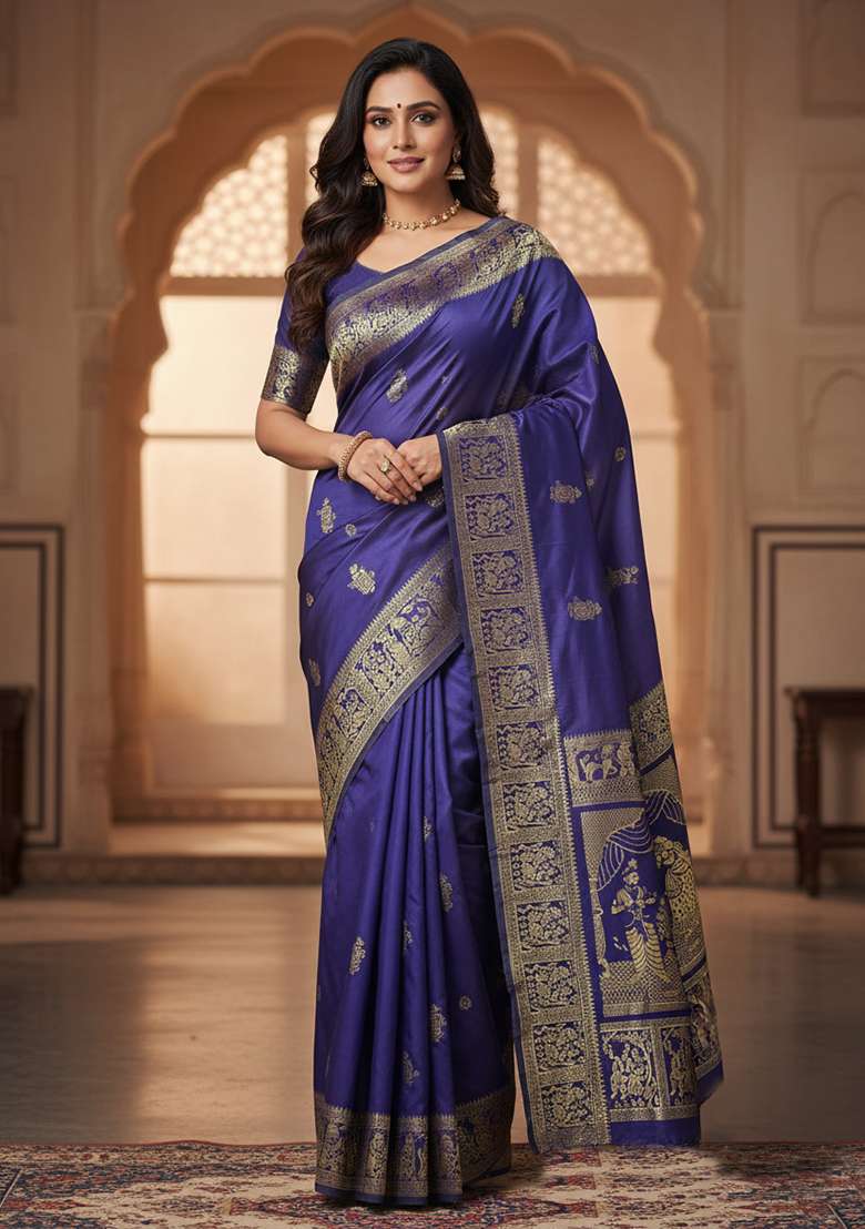 Blue Embroidery Banarasi Soft Silk Blend Saree With Blouse - Indya