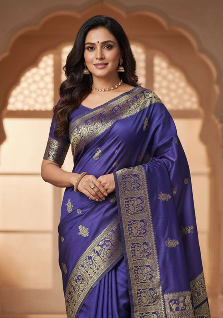 Blue Embroidery Banarasi Soft Silk Blend Saree With Blouse - Indya