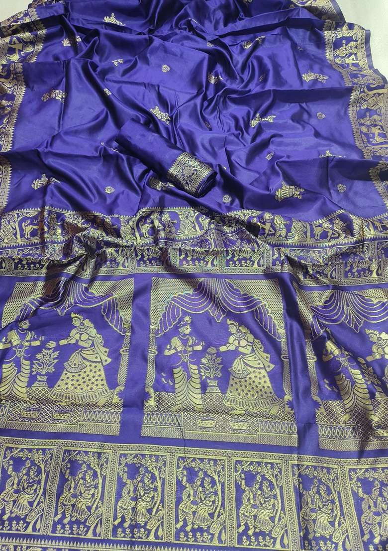 Blue Embroidery Banarasi Soft Silk Blend Saree With Blouse - Indya