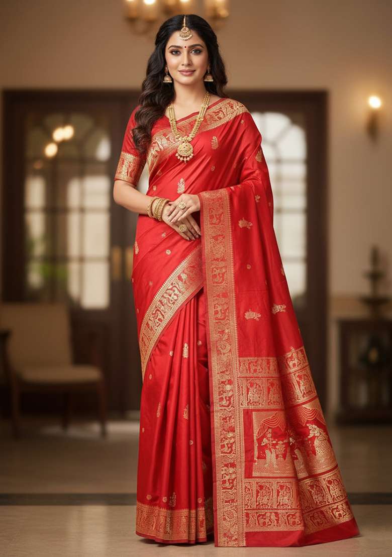 Red Embroidery Banarasi Soft Silk Blend Saree With Blouse - Indya