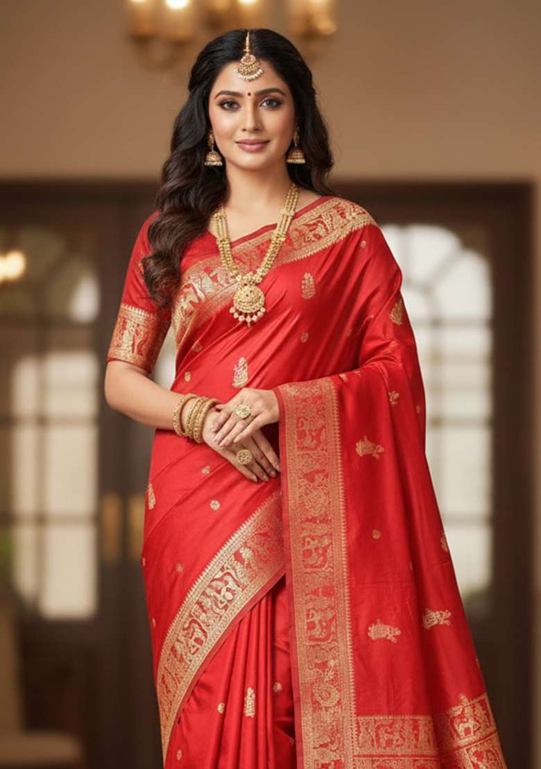 Red Embroidery Banarasi Soft Silk Blend Saree With Blouse - Indya