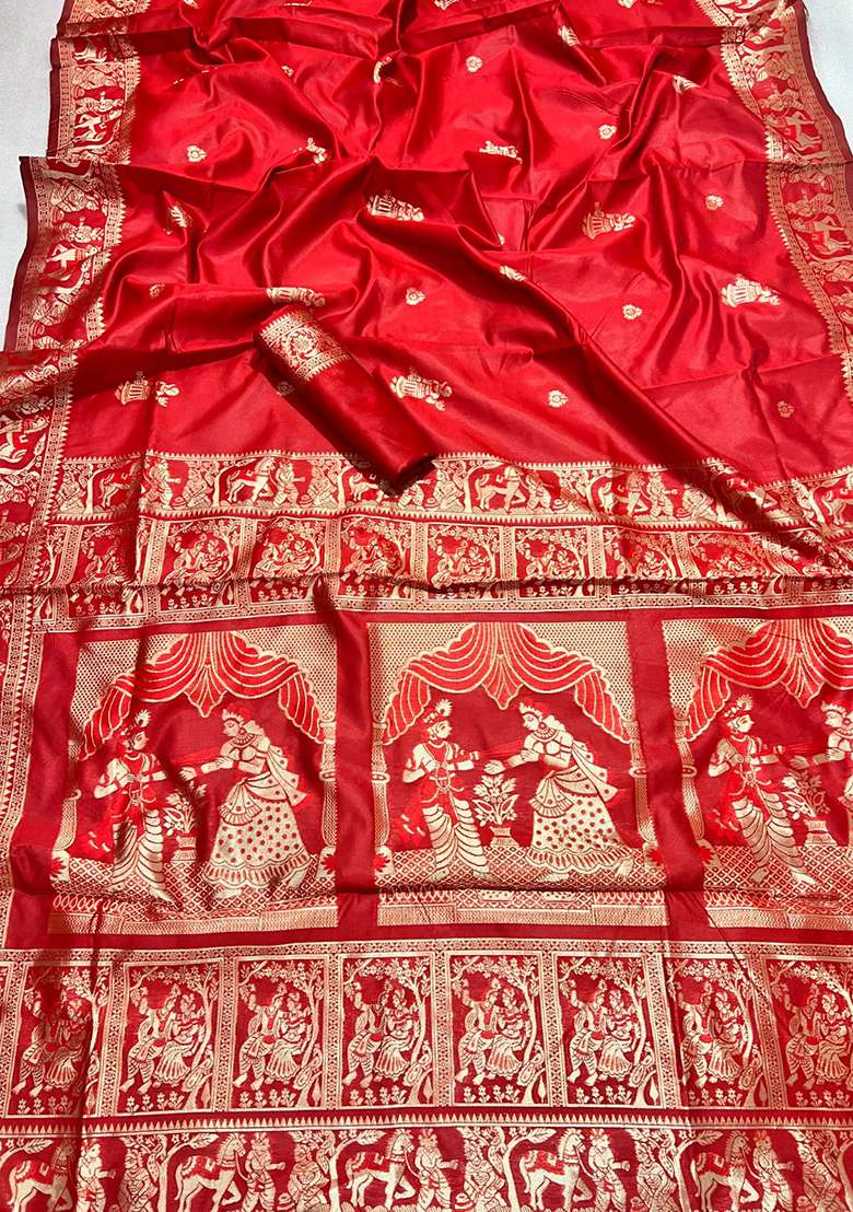 Red Embroidery Banarasi Soft Silk Blend Saree With Blouse - Indya
