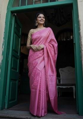 Pink Embroidery Banarasi Soft Silk Saree With Blouse