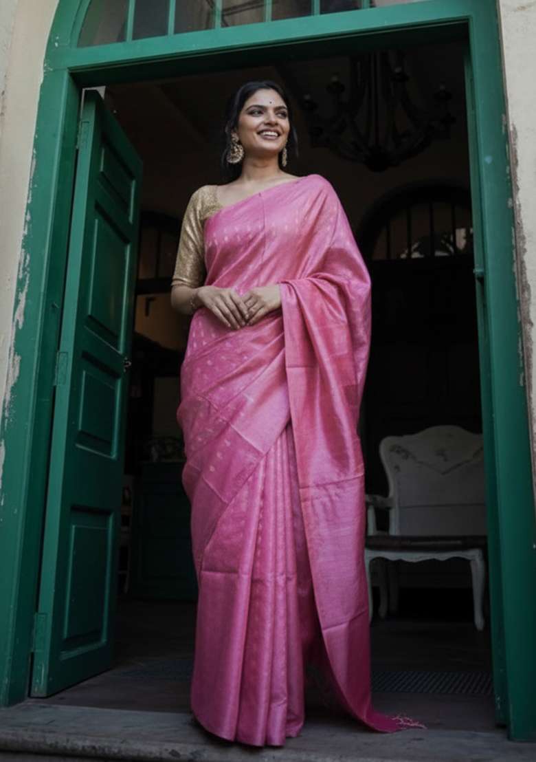 Pink Embroidery Banarasi Soft Silk Blend Saree With Blouse - Indya