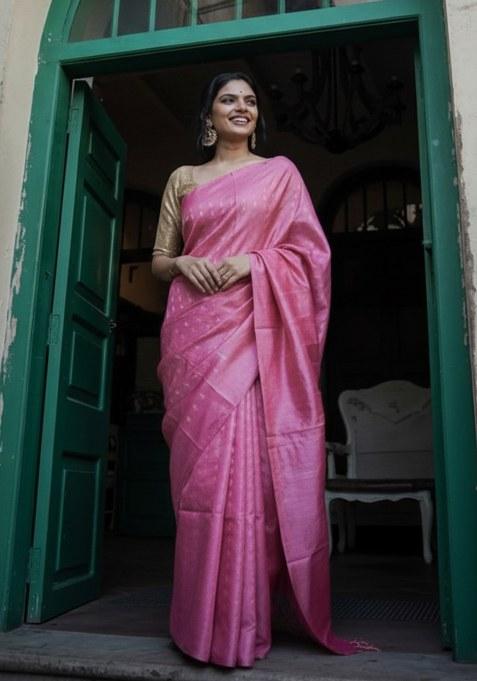 Pink Embroidery Banarasi Soft Silk Saree With Blouse