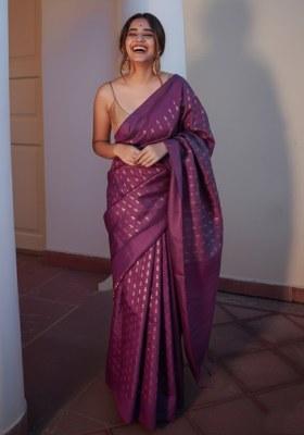 Wine Embroidery Banarasi Soft Silk Saree With Blouse