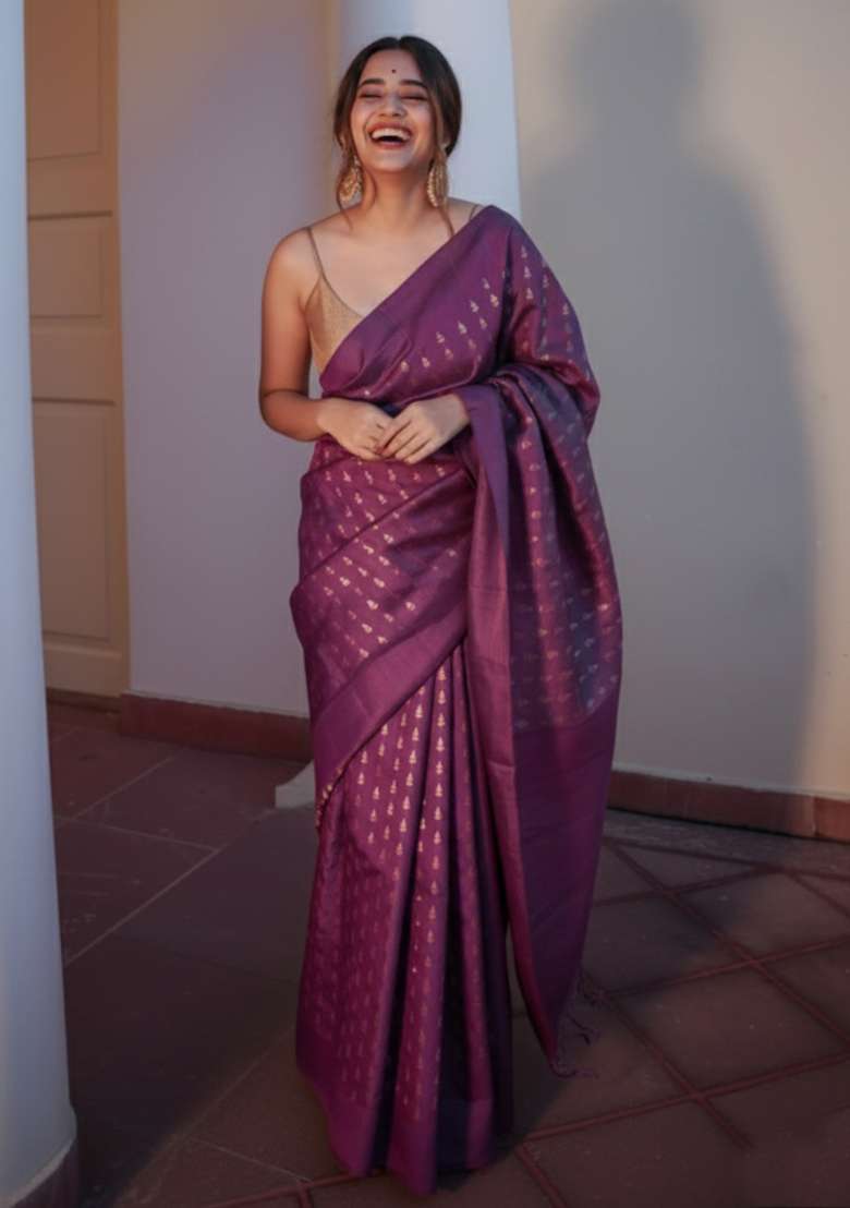 Wine Embroidery Banarasi Soft Silk Blend Saree With Blouse - Indya