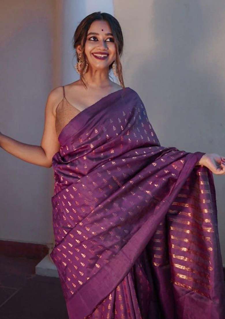 Wine Embroidery Banarasi Soft Silk Blend Saree With Blouse - Indya
