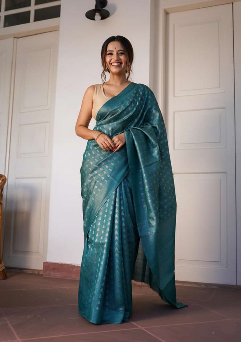 Teal Blue Embroidery Banarasi Soft Silk Blend Saree With Blouse - Indya