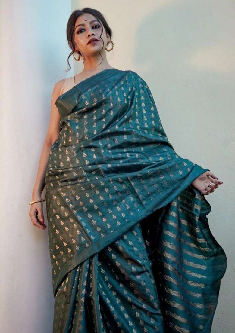 Teal Blue Embroidery Banarasi Soft Silk Blend Saree With Blouse - Indya