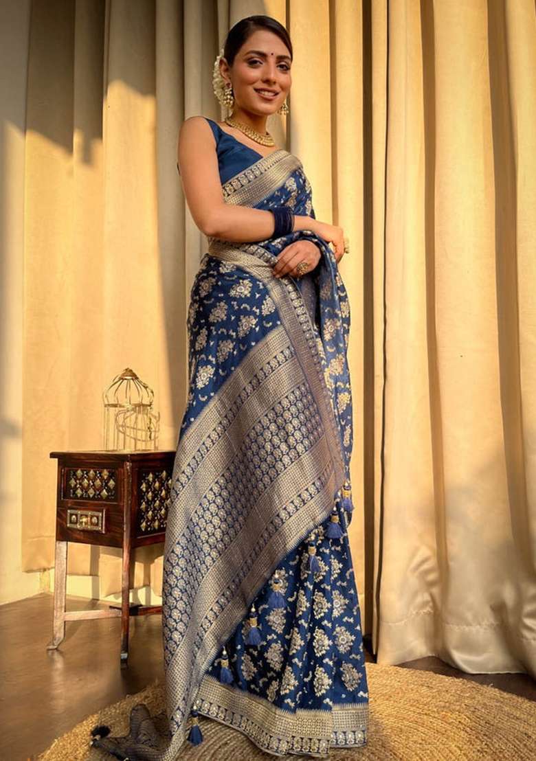 Blue Embroidery Banarasi Soft Silk Blend Saree With Blouse - Indya