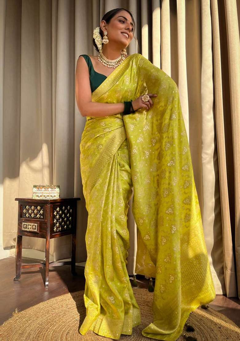 Olive Green Embroidery Banarasi Soft Silk Blend Saree With Blouse - Indya