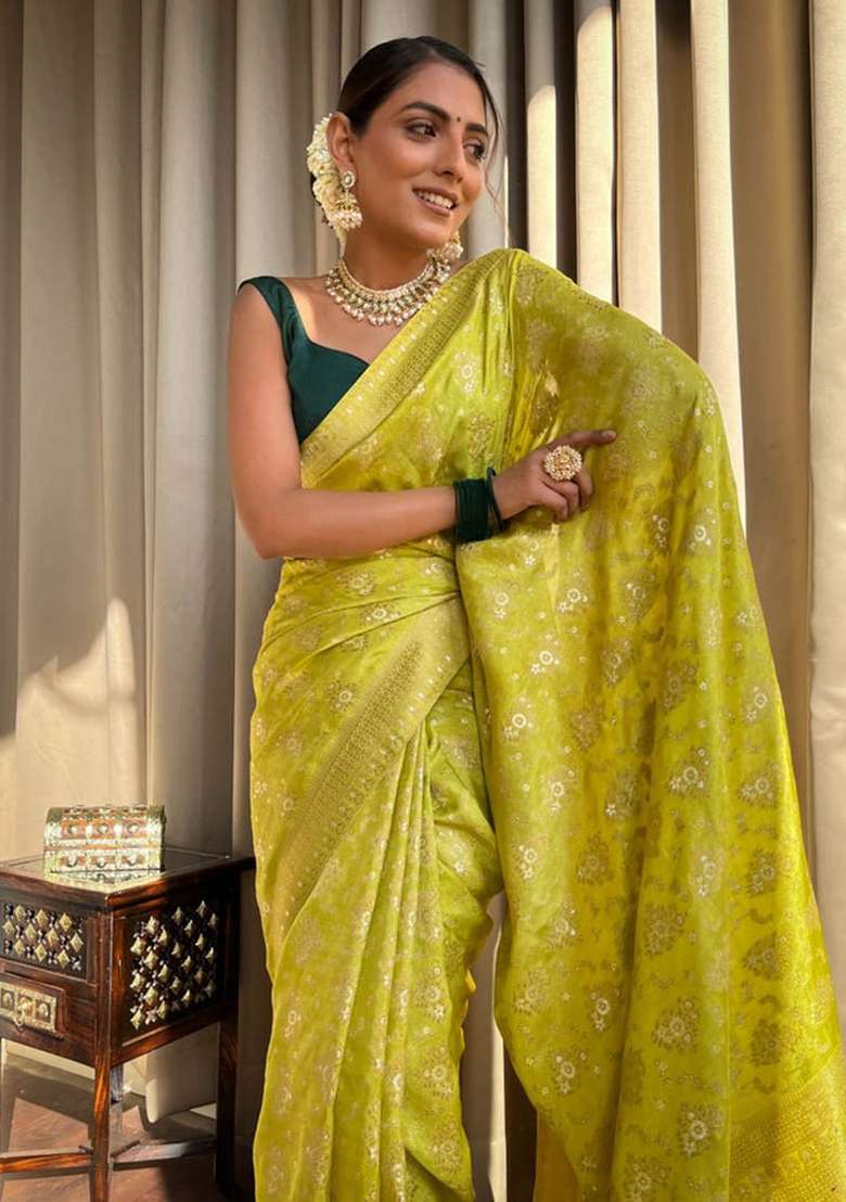Olive Green Embroidery Banarasi Soft Silk Blend Saree With Blouse - Indya