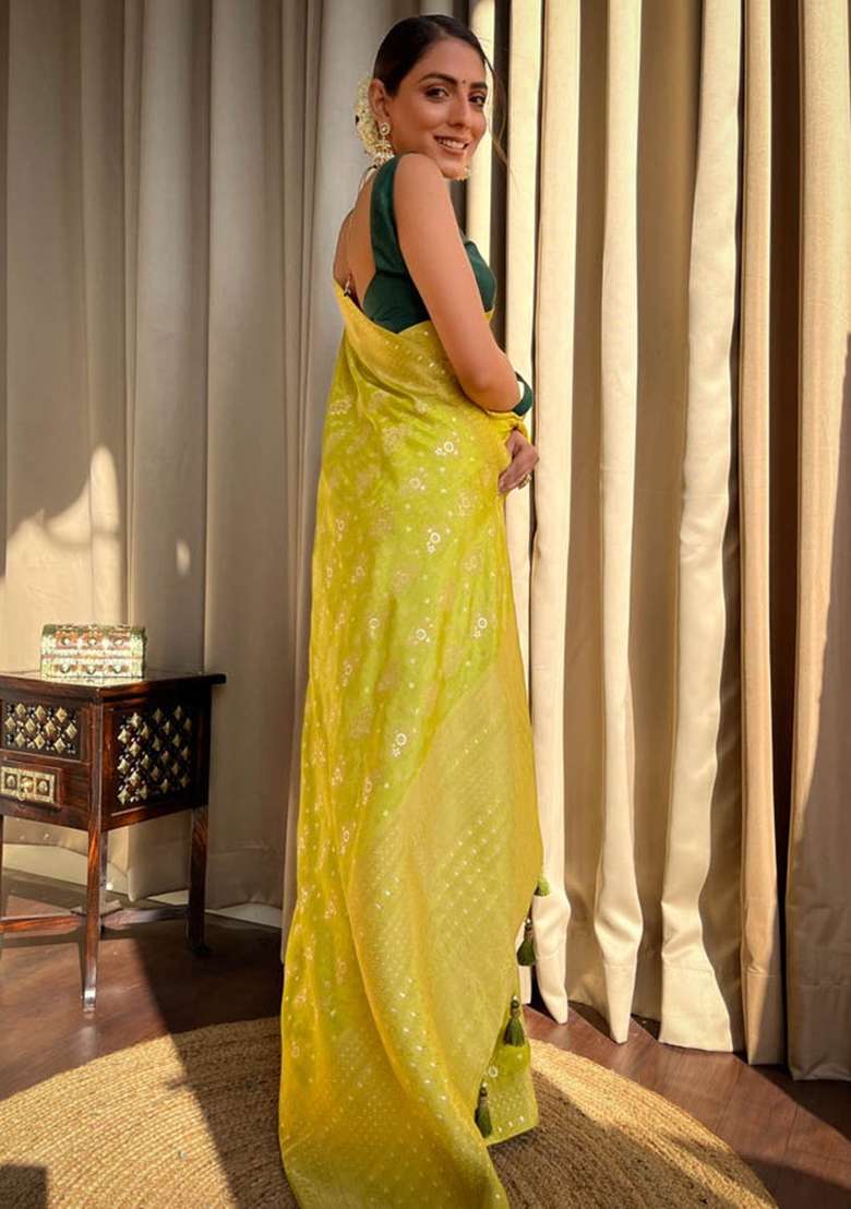 Olive Green Embroidery Banarasi Soft Silk Blend Saree With Blouse - Indya