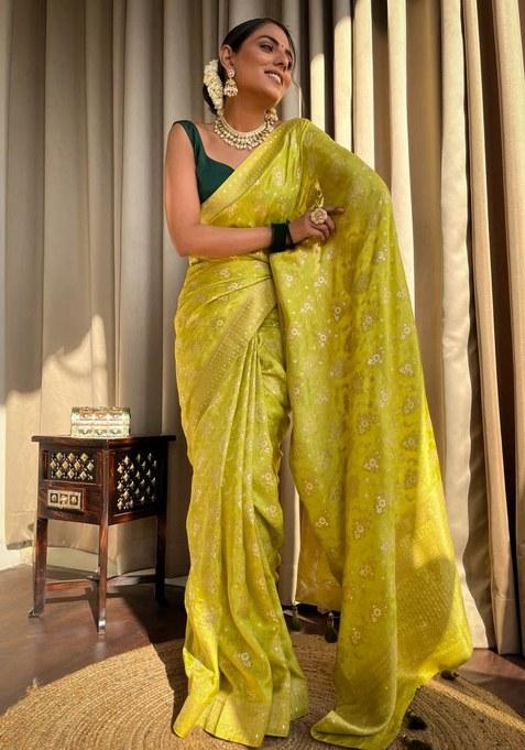 Olive Green Embroidery Banarasi Soft Silk Saree With Blouse