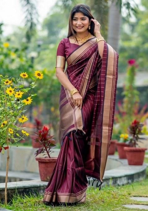 Wine Embroidery Banarasi Soft Silk Saree With Blouse
