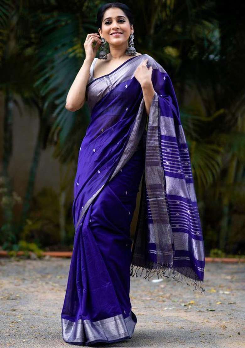 Blue Banarasi Soft With Blouse Silk Blend Saree with Embroidery for Diwali | Wedding & Festive Wear - Indya