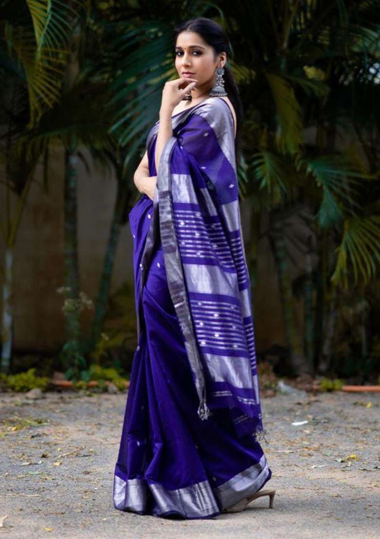 Blue Banarasi Soft With Blouse Silk Blend Saree with Embroidery for Diwali | Wedding & Festive Wear - Indya