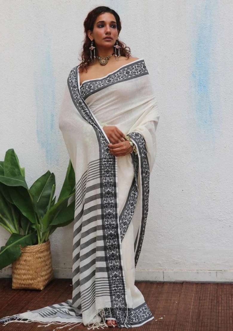 Off White Embroidery Linen Saree With Blouse for Diwali and Festive Wear - Indya