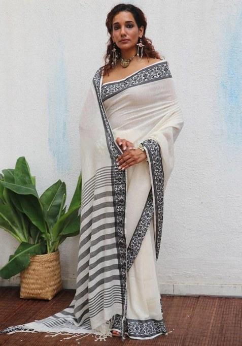 Off White Embroidery Linen Saree With Blouse