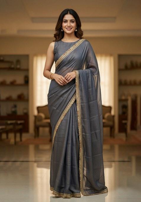 Grey Embroidery Chiffon Saree With Blouse