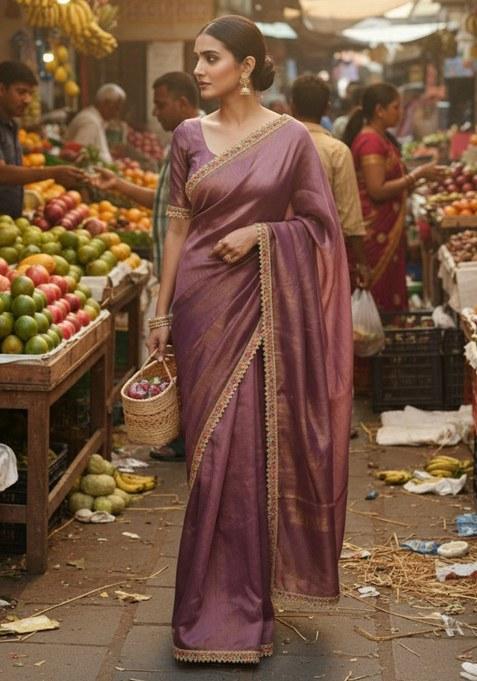 Purple Embroidery Chiffon Saree With Blouse