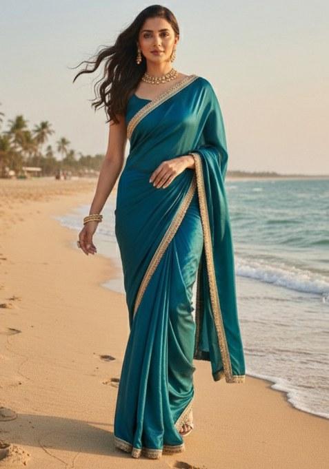 Blue Embroidery Chiffon Saree With Blouse