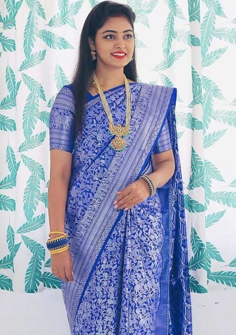 Blue Lichi With Blouse Silk Blend Saree with Embroidery for Diwali | Wedding & Festive Wear - Indya