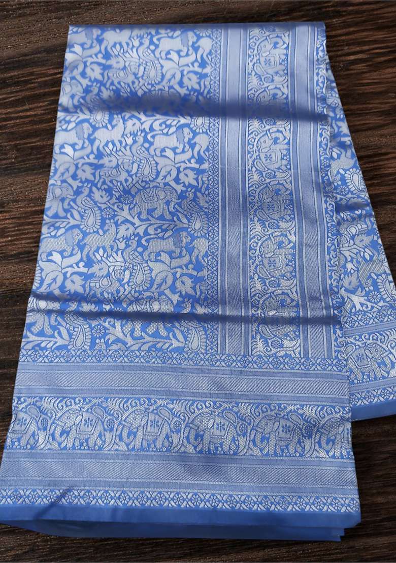 Blue Lichi With Blouse Silk Blend Saree with Embroidery for Diwali | Wedding & Festive Wear - Indya