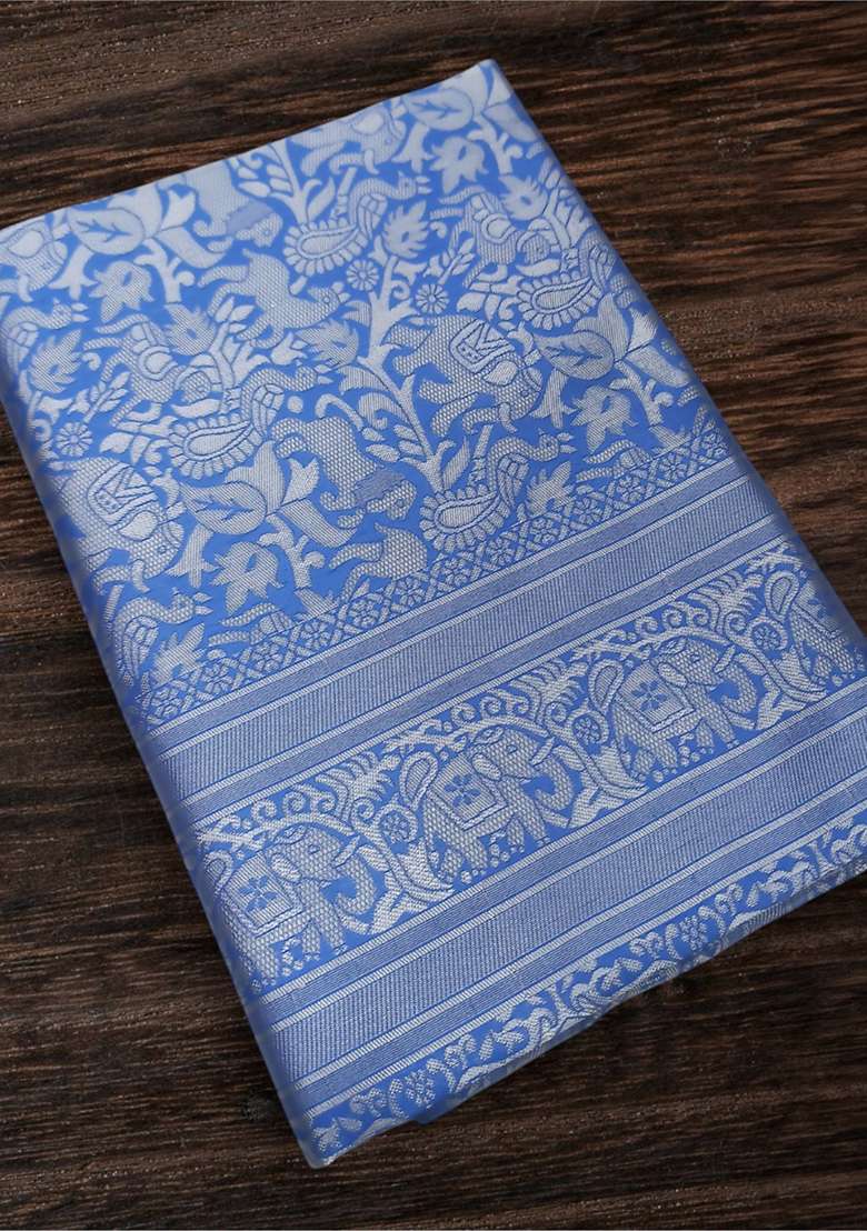 Blue Lichi With Blouse Silk Blend Saree with Embroidery for Diwali | Wedding & Festive Wear - Indya