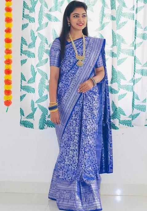 Blue Embroidery Lichi Silk Saree With Blouse