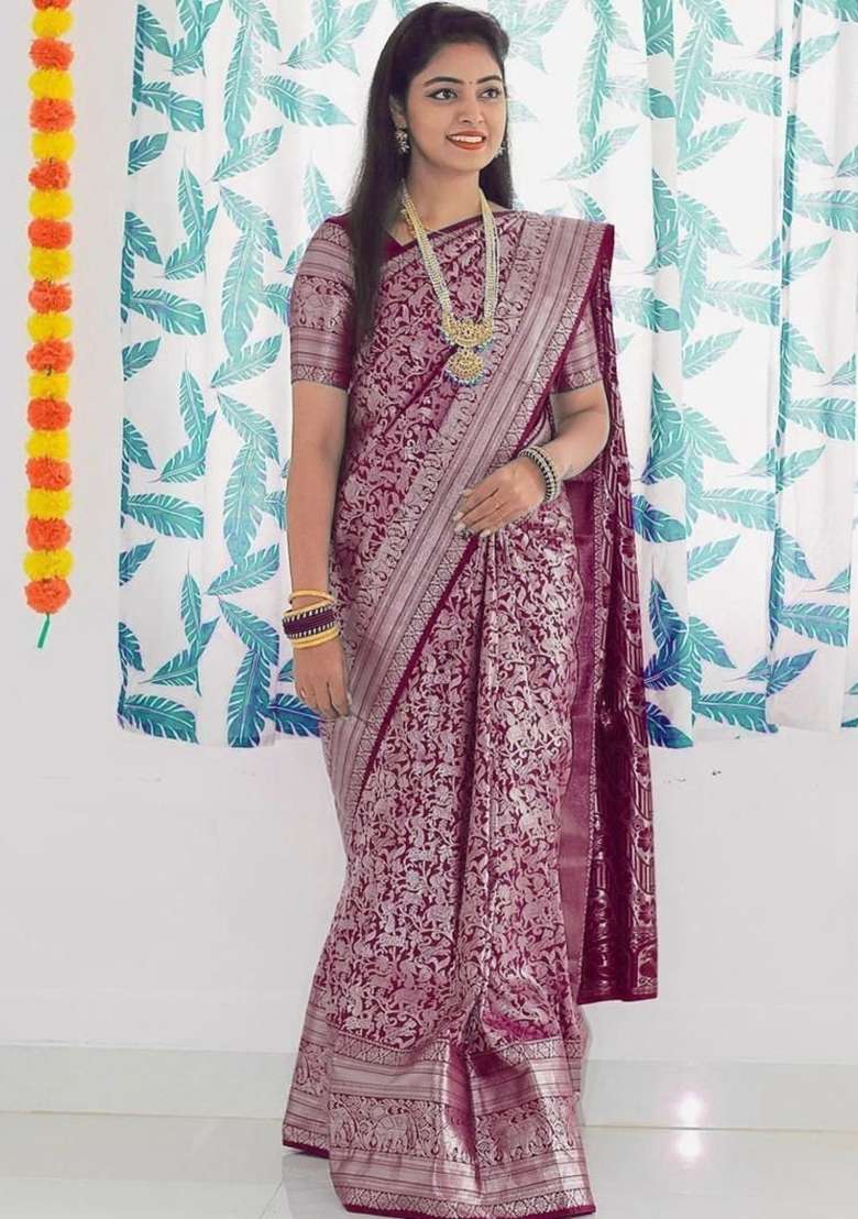 Wine Embroidery Lichi Silk Blend Saree With Blouse for Diwali and Festive Wear - Indya
