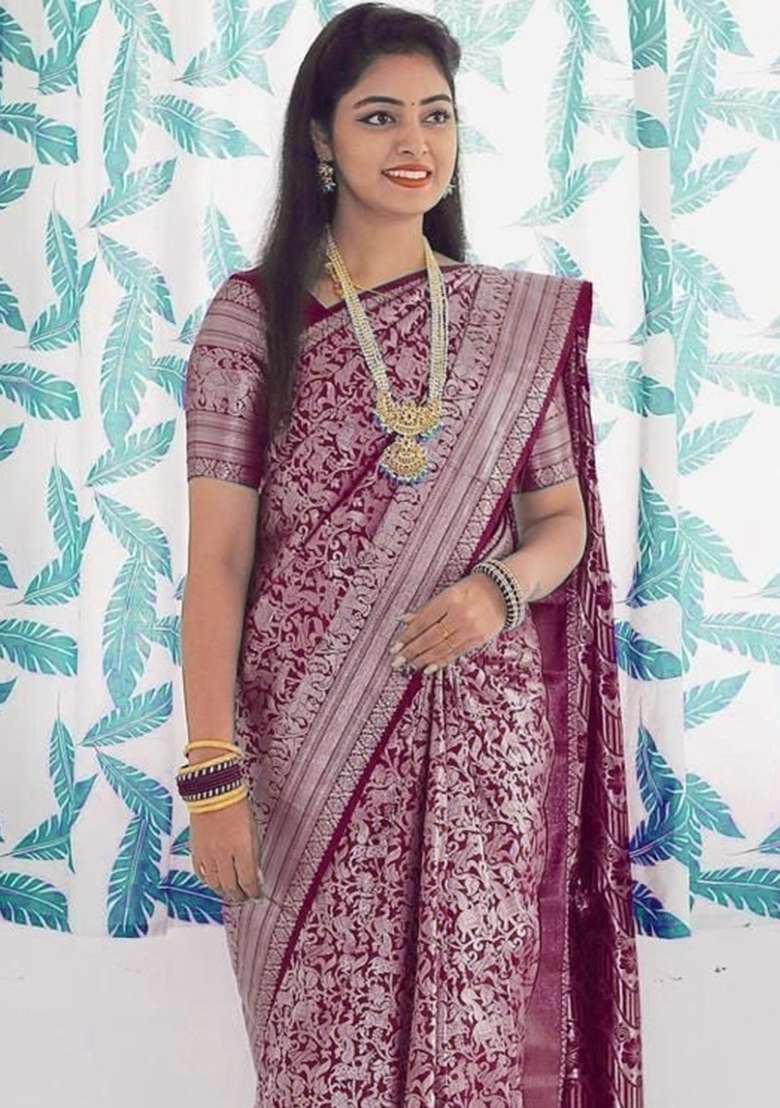 Wine Embroidery Lichi Silk Blend Saree With Blouse for Diwali and Festive Wear - Indya