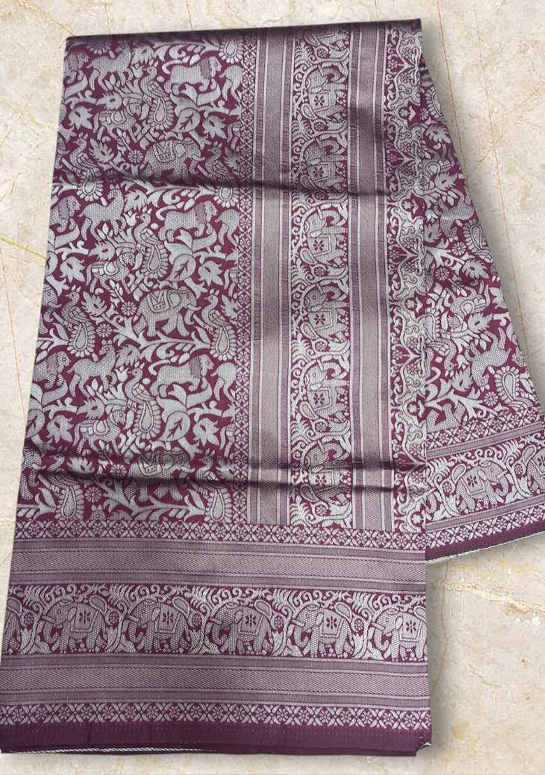 Wine Embroidery Lichi Silk Blend Saree With Blouse for Diwali and Festive Wear - Indya