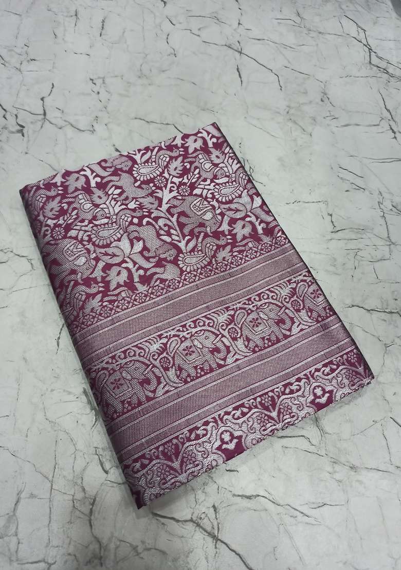 Wine Embroidery Lichi Silk Blend Saree With Blouse for Diwali and Festive Wear - Indya