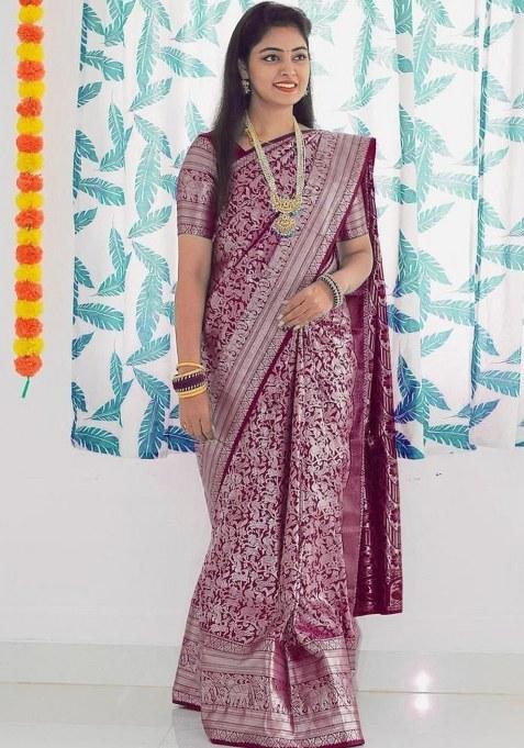 Wine Embroidery Lichi Silk Saree With Blouse