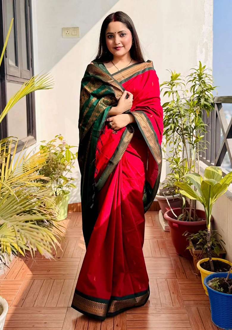 Red Lichi With Blouse Silk Blend Saree with Embroidery for Diwali | Wedding & Festive Wear - Indya