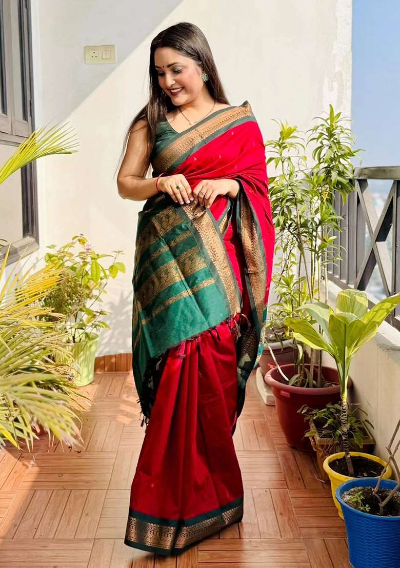 Red Lichi With Blouse Silk Blend Saree with Embroidery for Diwali | Wedding & Festive Wear - Indya