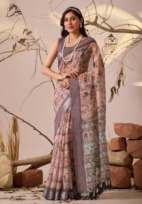 Peach Printed Premium Linen Cotton Saree Set