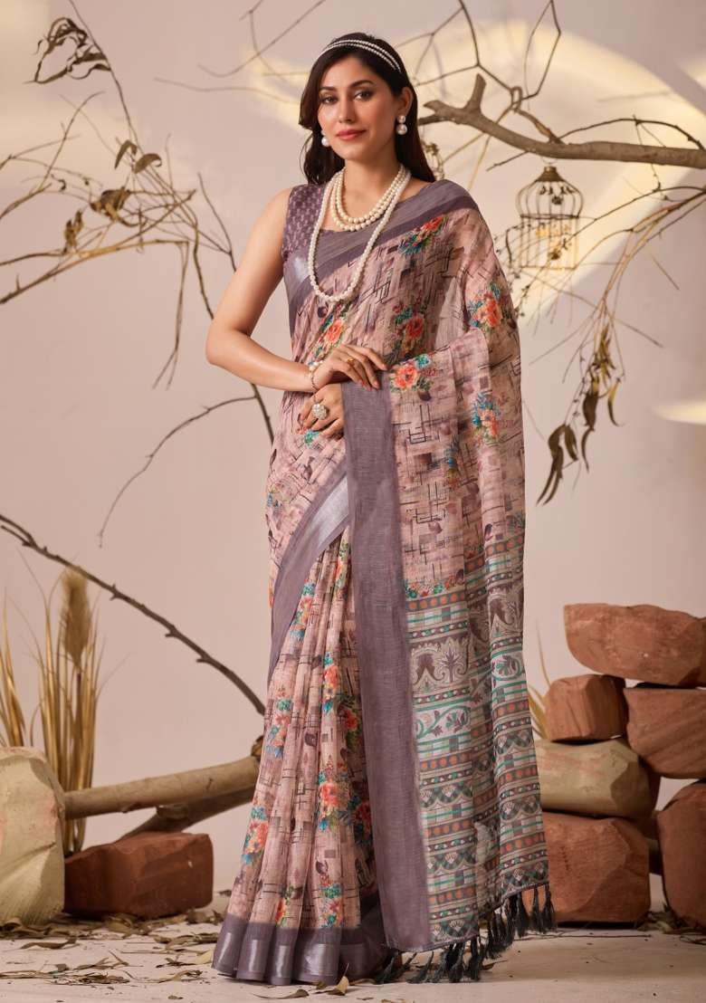 Peach Premium Linen Cotton Saree Set with Printed for Diwali | Wedding & Festive Wear - Indya