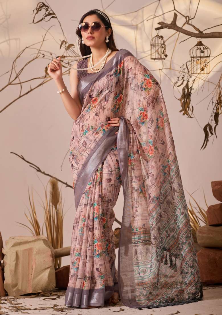 Peach Premium Linen Cotton Saree Set with Printed for Diwali | Wedding & Festive Wear - Indya