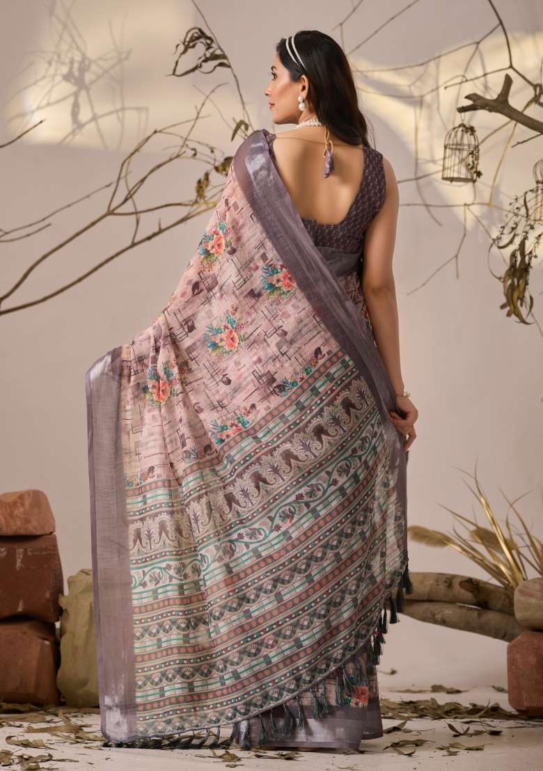 Peach Premium Linen Cotton Saree Set with Printed for Diwali | Wedding & Festive Wear - Indya