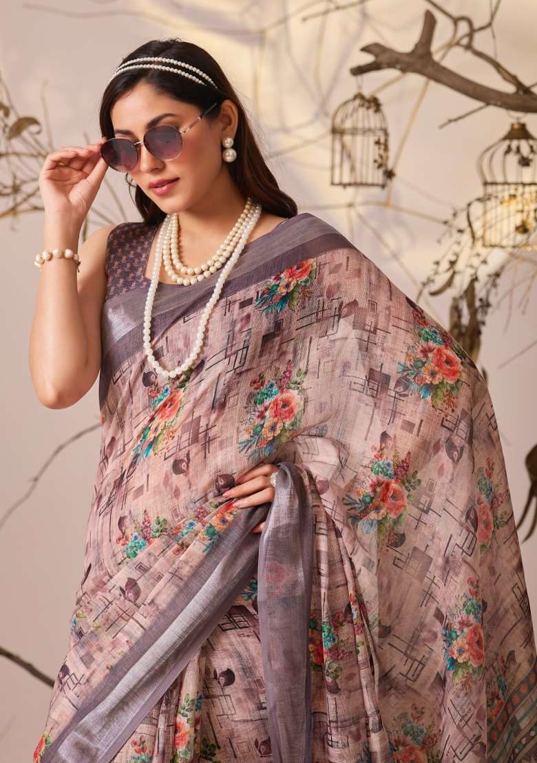 Peach Premium Linen Cotton Saree Set with Printed for Diwali | Wedding & Festive Wear - Indya