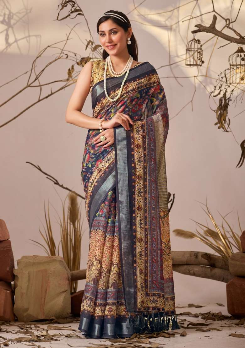 Multicolor Printed Premium Linen Cotton Saree Set for Diwali and Festive Wear - Indya