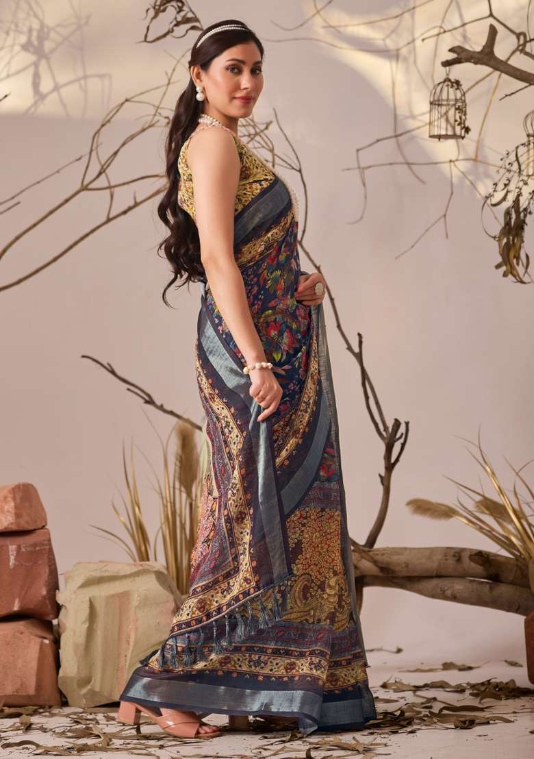 Multicolor Printed Premium Linen Cotton Saree Set for Diwali and Festive Wear - Indya